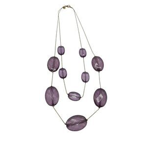 Vintage V Signed Double Strand Purple Glass Beaded Necklace With Gold Tone Chain